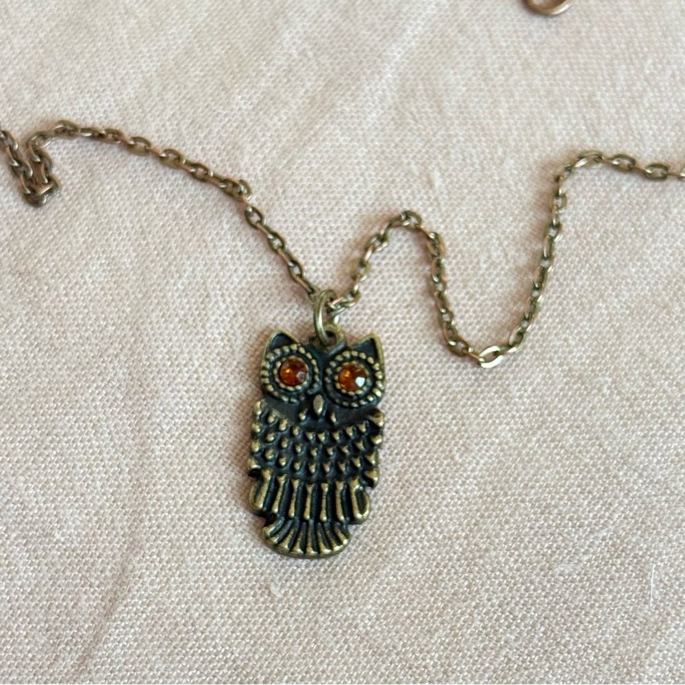 Vintage Owl Pendant Necklace w/ Amber Eyes